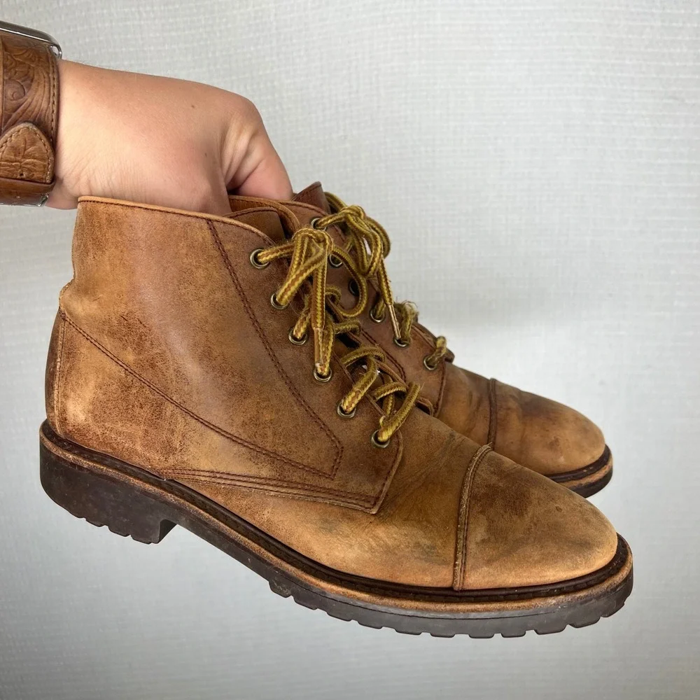 Polo Ralph Lauren Sportsman Mens Tan Leather Cap Toe Lug Sole Boots 7.5B